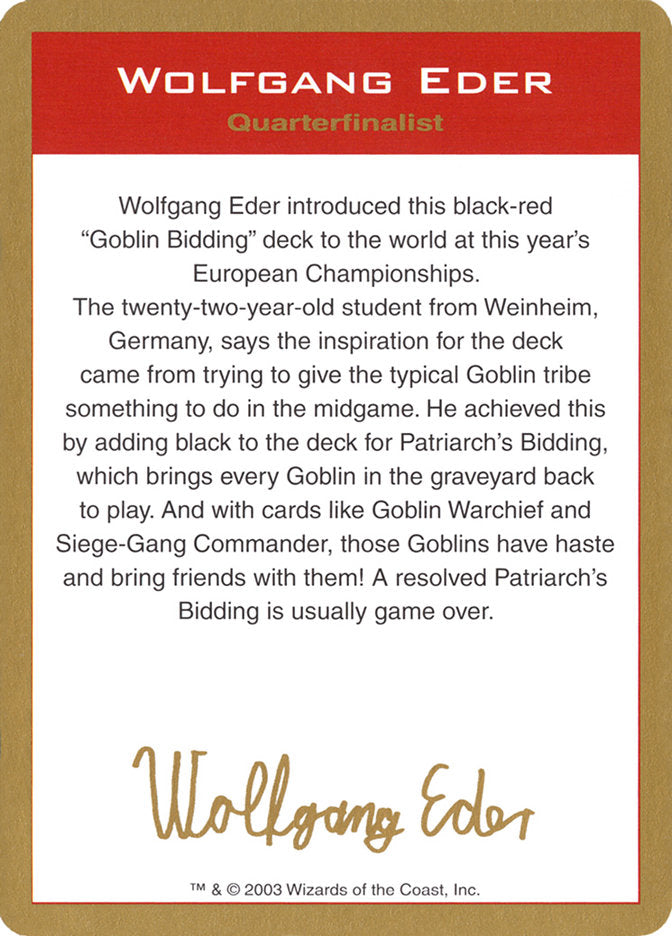 Wolfgang Eder Bio [World Championship Decks 2003] | Gamer Loot