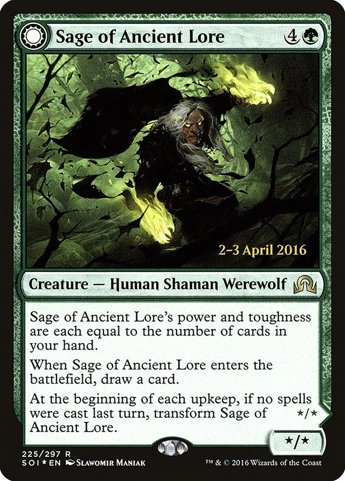 Sage of Ancient Lore // Werewolf of Ancient Hunger [Shadows over Innistrad Prerelease Promos] | Gamer Loot