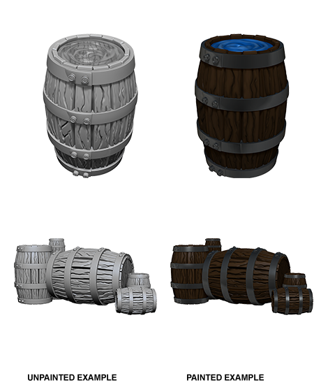 WizKids Deep Cuts Unpainted Miniatures: Barrels & Pile of Barrels | Gamer Loot