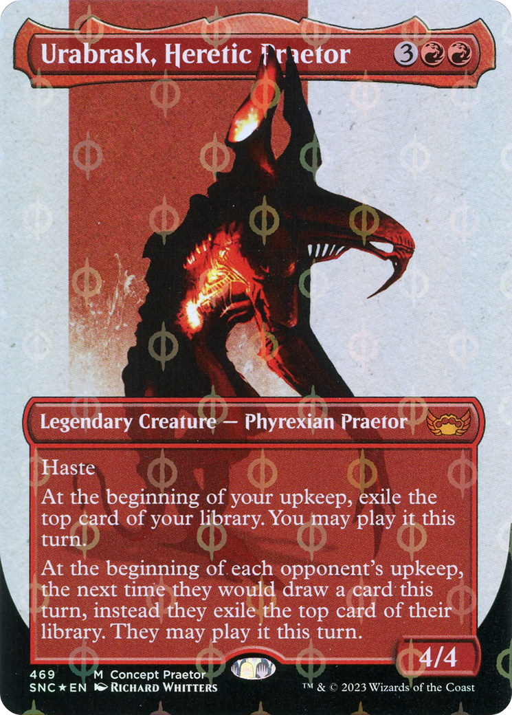 Urabrask, Heretic Praetor (Borderless Concept Praetors Step-and-Compleat Foil) [Phyrexia: All Will Be One] | Gamer Loot