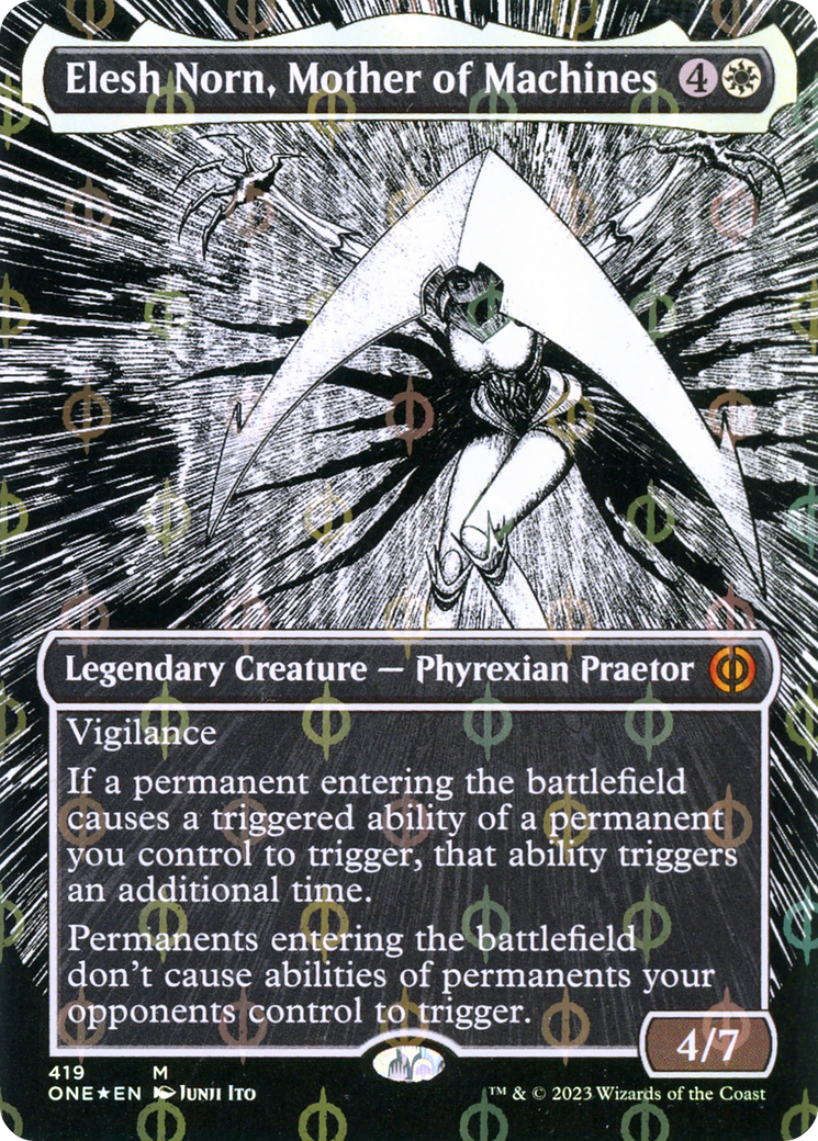 Elesh Norn, Mother of Machines (Borderless Manga Step-and-Compleat Foil) [Phyrexia: All Will Be One] | Gamer Loot