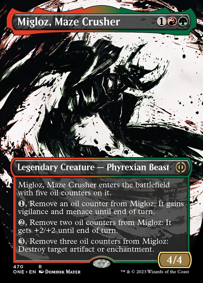 Migloz, Maze Crusher (Borderless Ichor Step-and-Compleat Foil) [Phyrexia: All Will Be One] | Gamer Loot